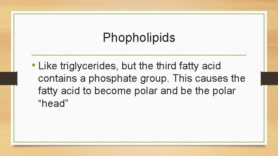 Phopholipids • Like triglycerides, but the third fatty acid contains a phosphate group. This Phopholipids • Like triglycerides, but the third fatty acid contains a phosphate group. This