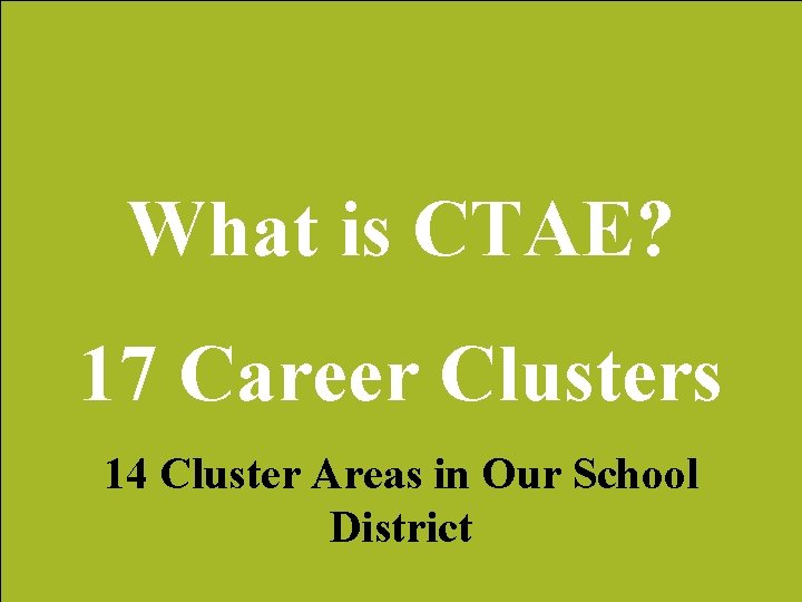 What is CTAE? 17 Career Clusters 14 Cluster Areas in Our School District 