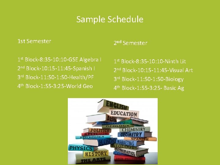 Sample Schedule 1 st Semester 2 nd Semester 1 st Block-8: 35 -10: 10