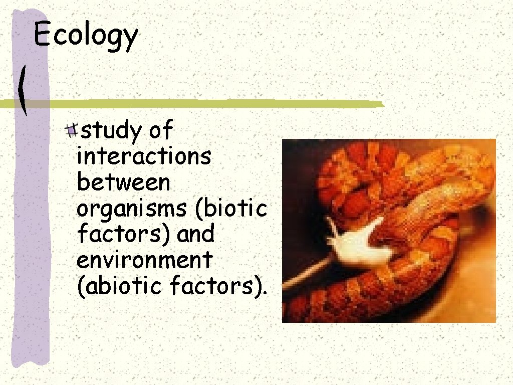 Ecology study of interactions between organisms (biotic factors) and environment (abiotic factors). 