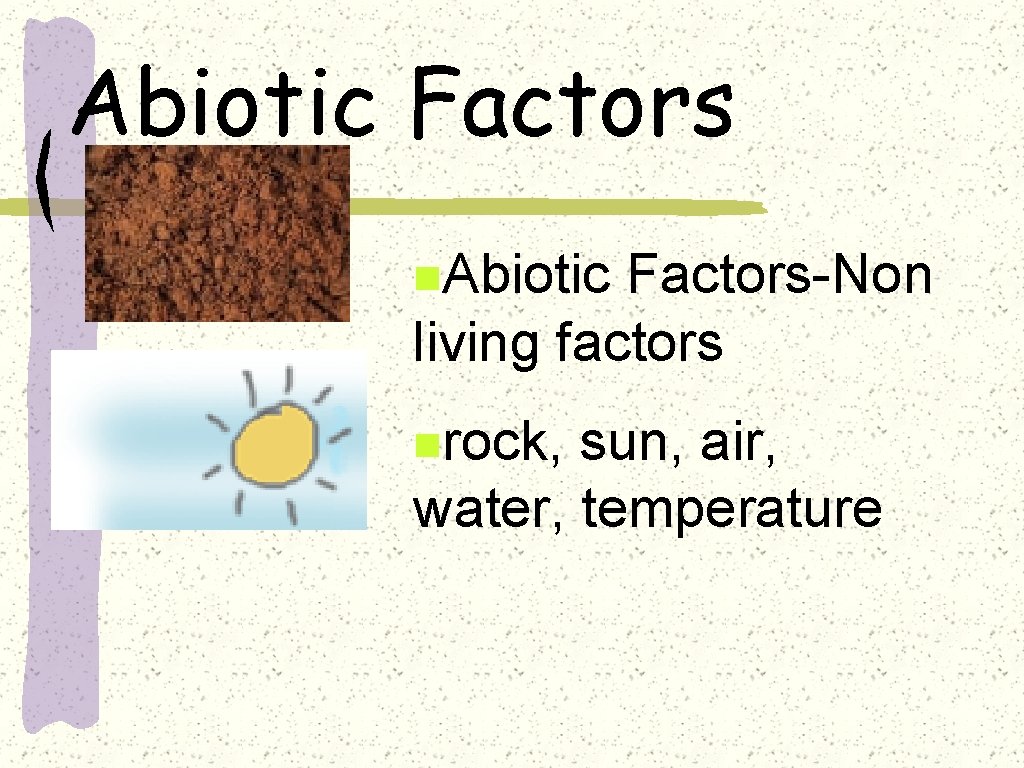 Abiotic Factors n. Abiotic Factors-Non living factors nrock, sun, air, water, temperature 