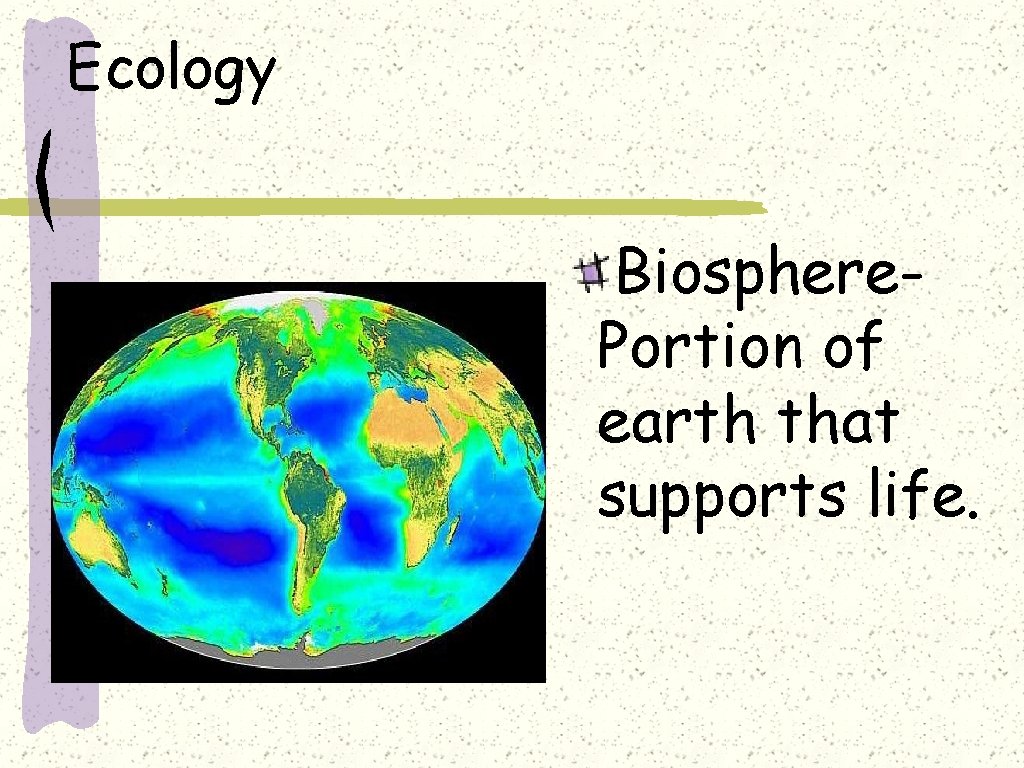 Ecology Biosphere. Portion of earth that supports life. 