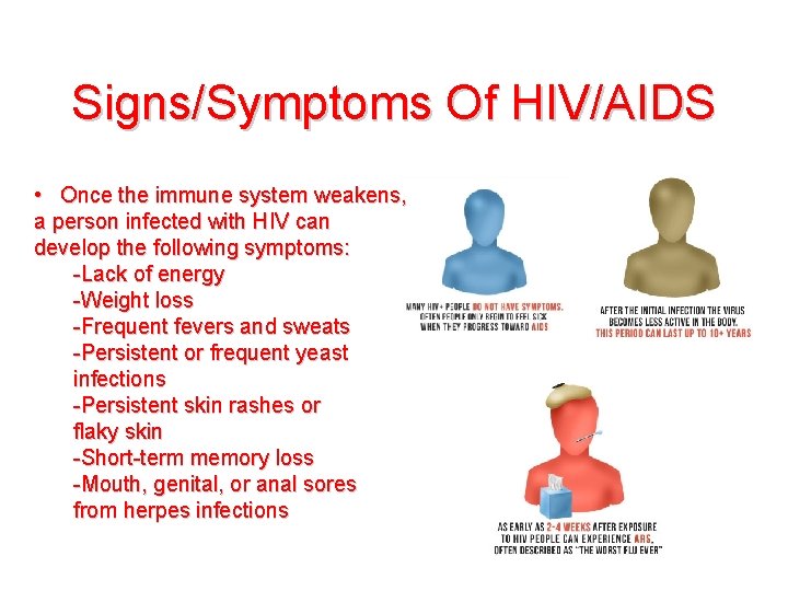 Signs/Symptoms Of HIV/AIDS • Once the immune system weakens, a person infected with HIV
