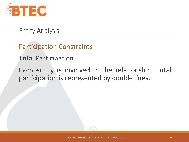 Entity Analysis Participation Constraints Total Participation Each entity is involved in the relationship. Total