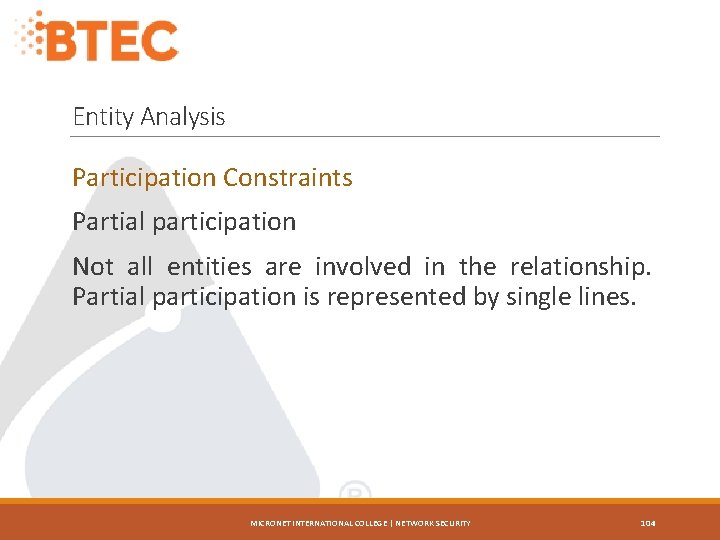 Entity Analysis Participation Constraints Partial participation Not all entities are involved in the relationship.