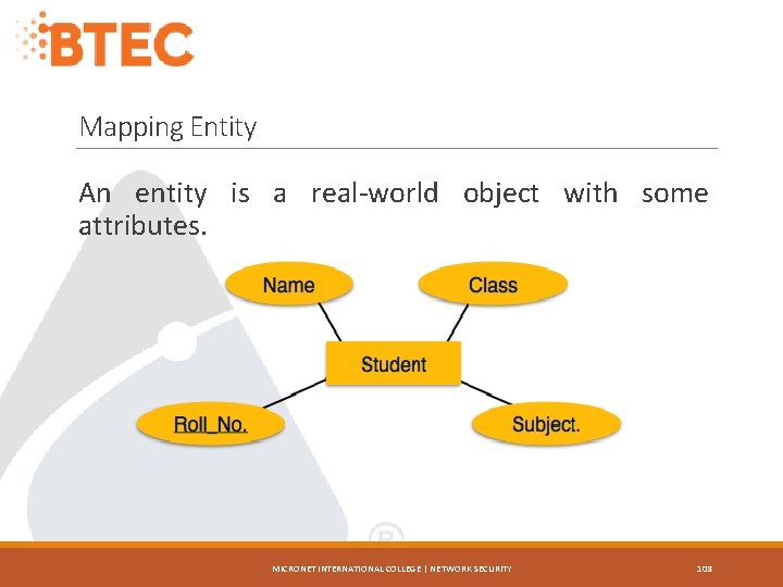 Mapping Entity An entity is a real-world object with some attributes. MICRONET INTERNATIONAL COLLEGE