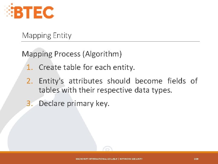Mapping Entity Mapping Process (Algorithm) 1. Create table for each entity. 2. Entity's attributes