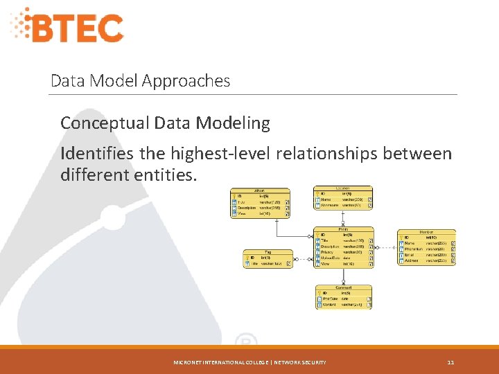 Data Model Approaches Conceptual Data Modeling Identifies the highest-level relationships between different entities. MICRONET
