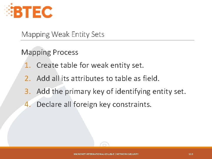 Mapping Weak Entity Sets Mapping Process 1. Create table for weak entity set. 2.