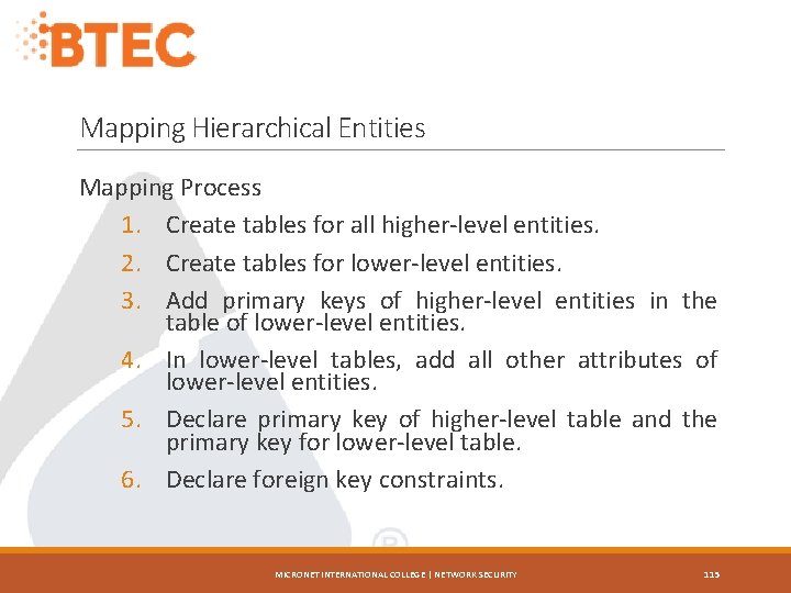 Mapping Hierarchical Entities Mapping Process 1. Create tables for all higher-level entities. 2. Create