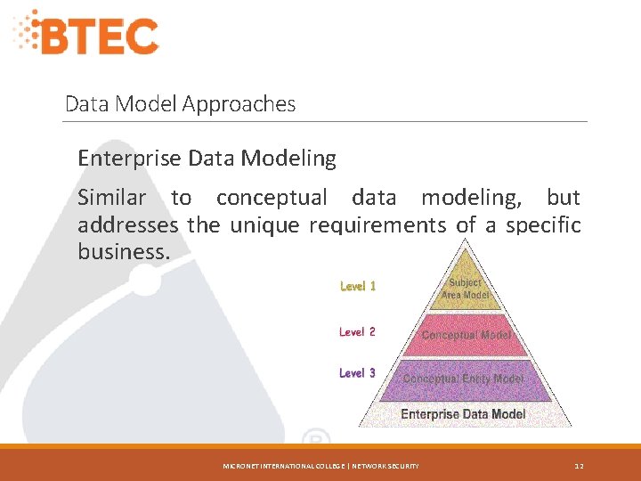 Data Model Approaches Enterprise Data Modeling Similar to conceptual data modeling, but addresses the