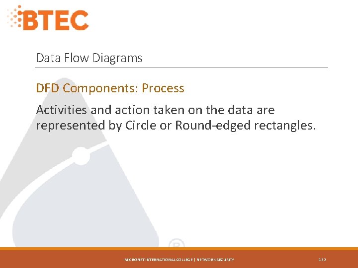 Data Flow Diagrams DFD Components: Process Activities and action taken on the data are