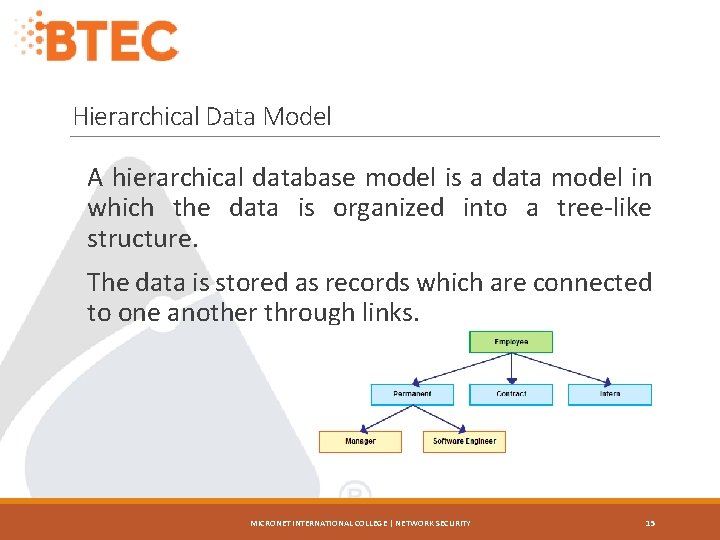 Hierarchical Data Model A hierarchical database model is a data model in which the