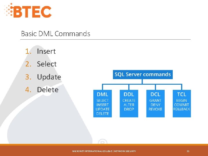 Basic DML Commands 1. Insert 2. Select 3. Update 4. Delete MICRONET INTERNATIONAL COLLEGE