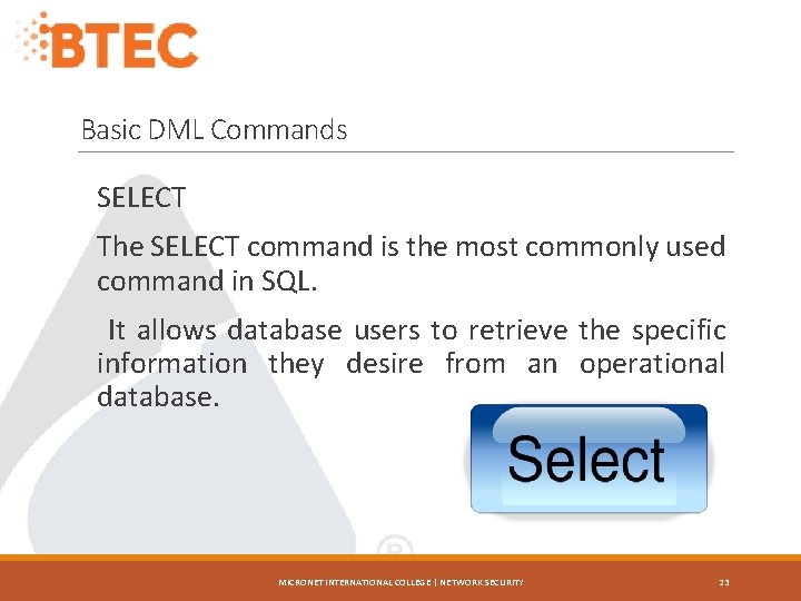 Basic DML Commands SELECT The SELECT command is the most commonly used command in