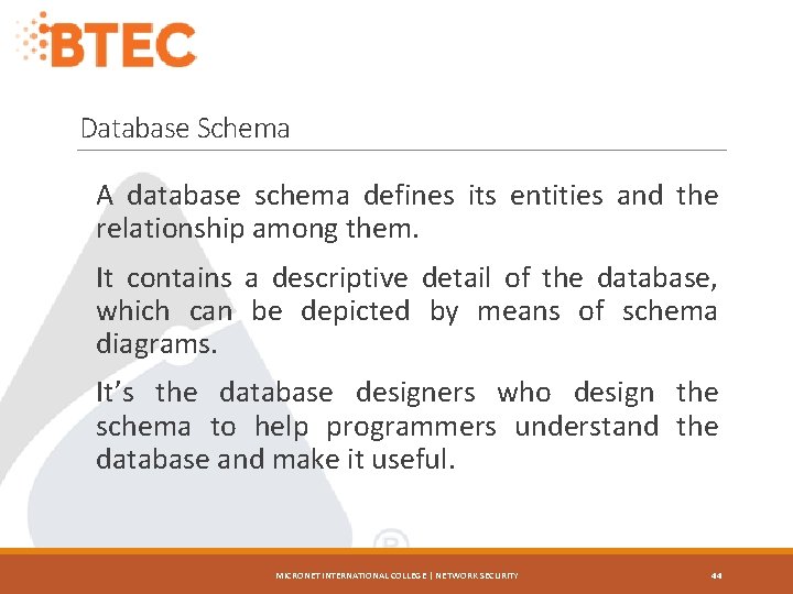 Database Schema A database schema defines its entities and the relationship among them. It