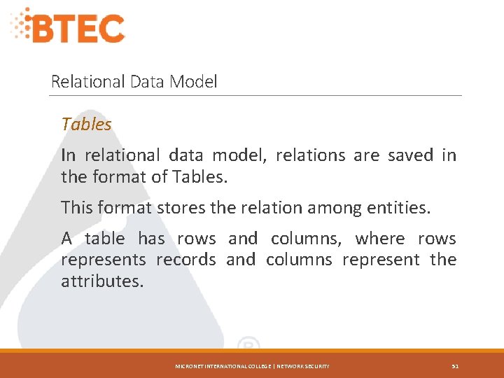 Relational Data Model Tables In relational data model, relations are saved in the format