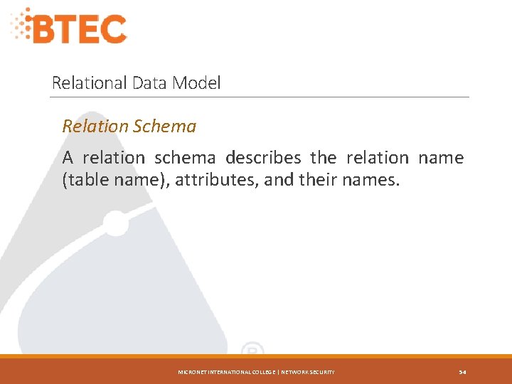 Relational Data Model Relation Schema A relation schema describes the relation name (table name),