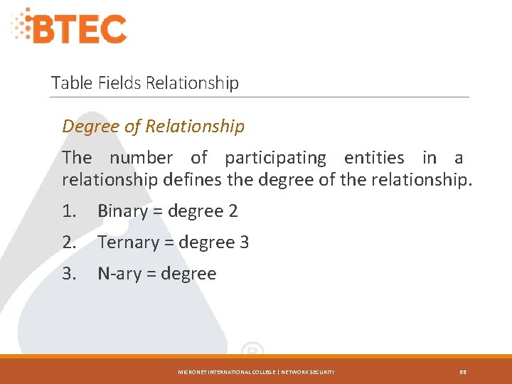 Table Fields Relationship Degree of Relationship The number of participating entities in a relationship