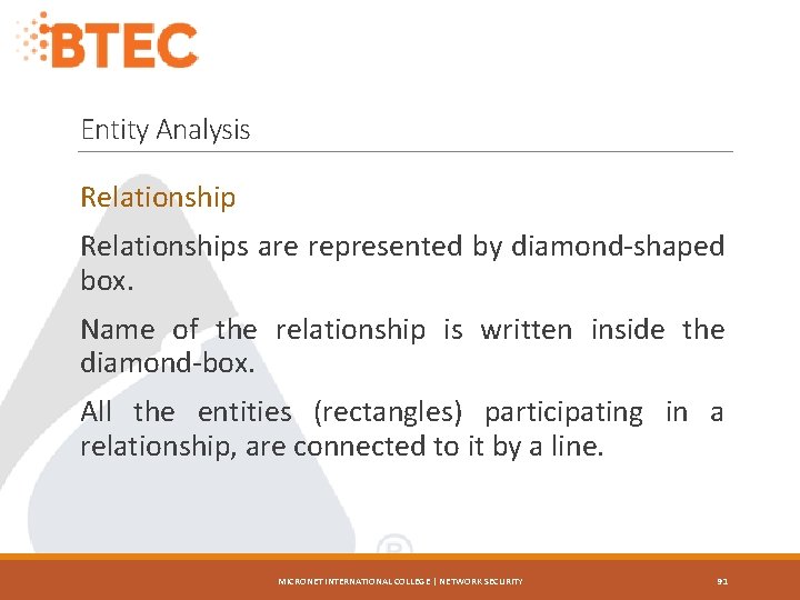 Entity Analysis Relationships are represented by diamond-shaped box. Name of the relationship is written