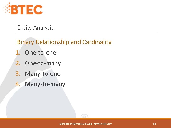Entity Analysis Binary Relationship and Cardinality 1. One-to-one 2. One-to-many 3. Many-to-one 4. Many-to-many