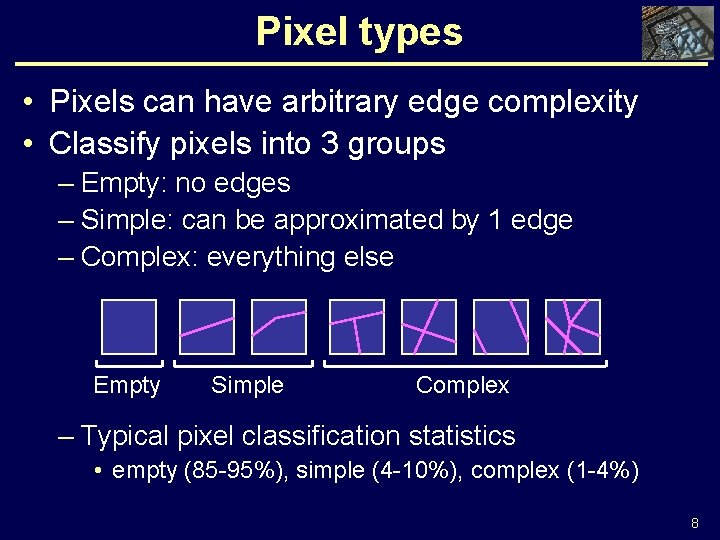 Pixel types • Pixels can have arbitrary edge complexity • Classify pixels into 3