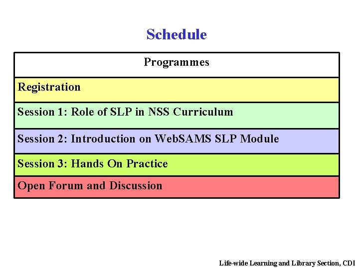 Schedule Programmes Registration Session 1: Role of SLP in NSS Curriculum Session 2: Introduction