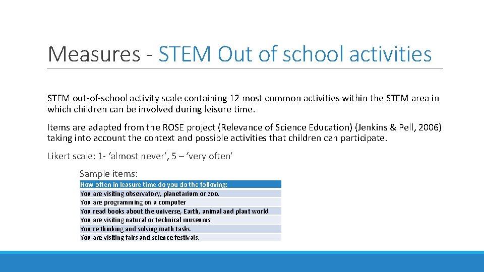 Measures - STEM Out of school activities STEM out-of-school activity scale containing 12 most