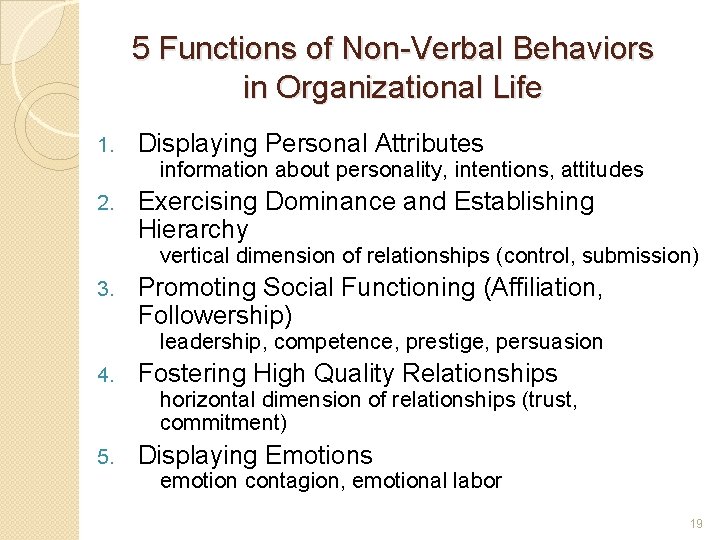 5 Functions of Non-Verbal Behaviors in Organizational Life 1. Displaying Personal Attributes information about