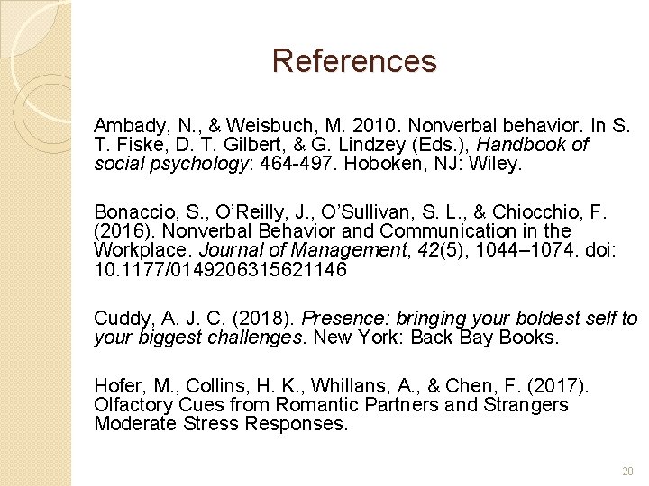References Ambady, N. , & Weisbuch, M. 2010. Nonverbal behavior. In S. T. Fiske,