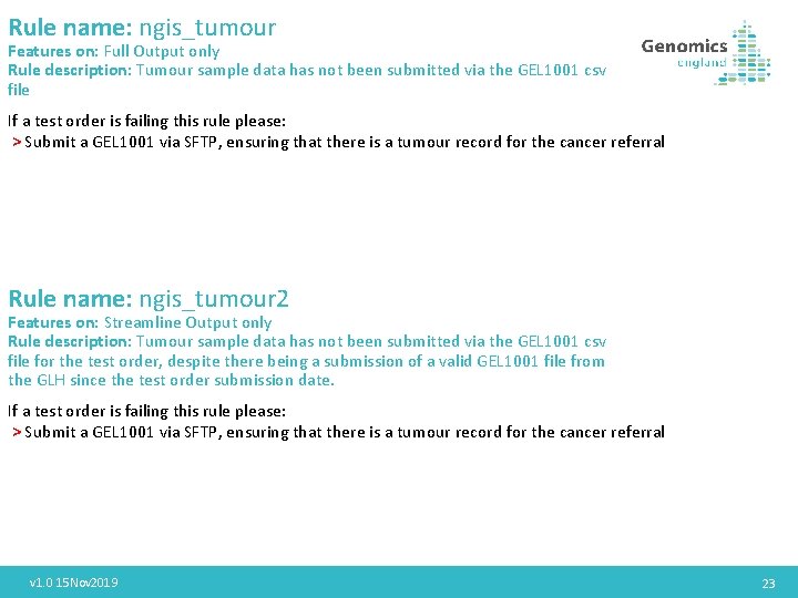 Rule name: ngis_tumour Features on: Full Output only Rule description: Tumour sample data has