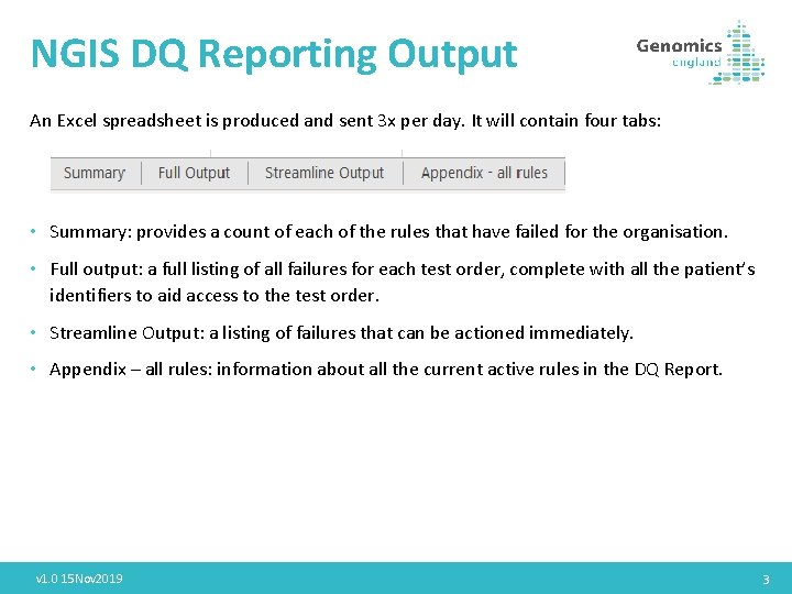 NGIS DQ Reporting Output An Excel spreadsheet is produced and sent 3 x per