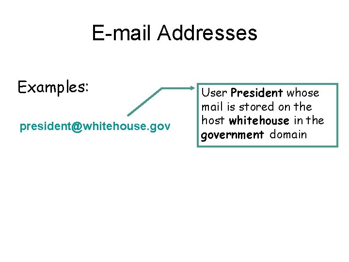 E-mail Addresses Examples: president@whitehouse. gov User President whose mail is stored on the host
