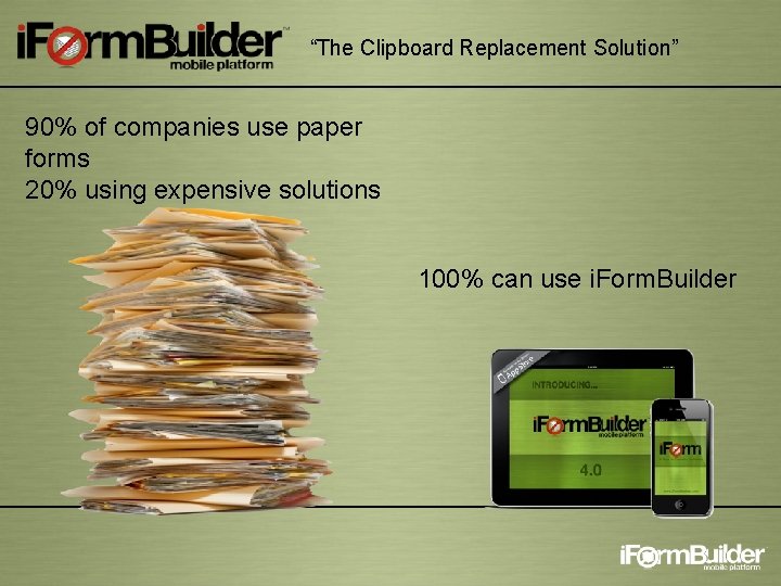 “The Clipboard Replacement Solution” 90% of companies use paper forms 20% using expensive solutions