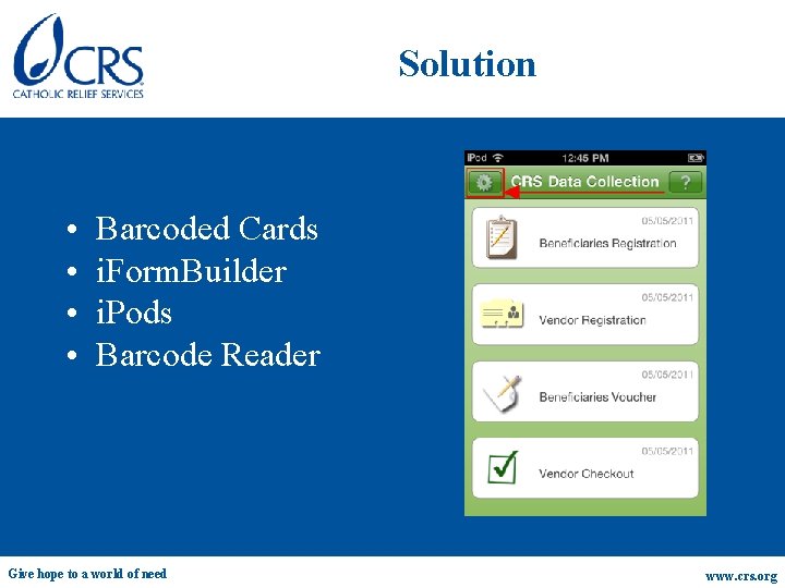 Solution • • Barcoded Cards i. Form. Builder i. Pods Barcode Reader Give hope