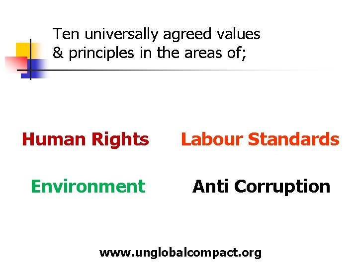 Ten universally agreed values & principles in the areas of; Human Rights Labour Standards