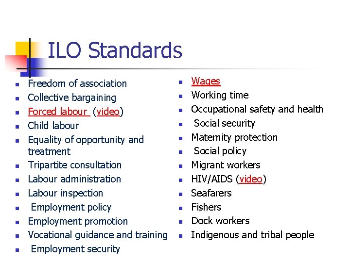 ILO Standards n n n Freedom of association Collective bargaining Forced labour (video) Child