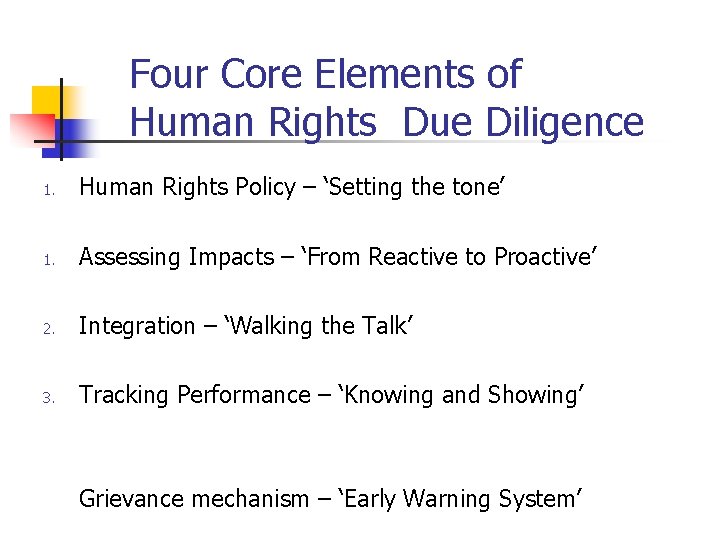 Four Core Elements of Human Rights Due Diligence 1. Human Rights Policy – ‘Setting