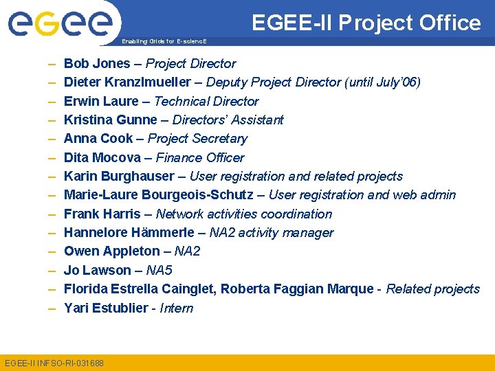 EGEE-II Project Office Enabling Grids for E-scienc. E – – – – Bob Jones