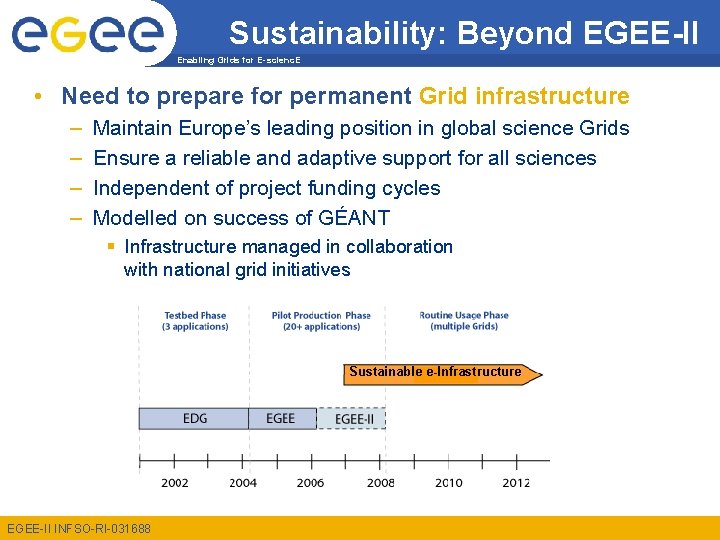 Sustainability: Beyond EGEE-II Enabling Grids for E-scienc. E • Need to prepare for permanent