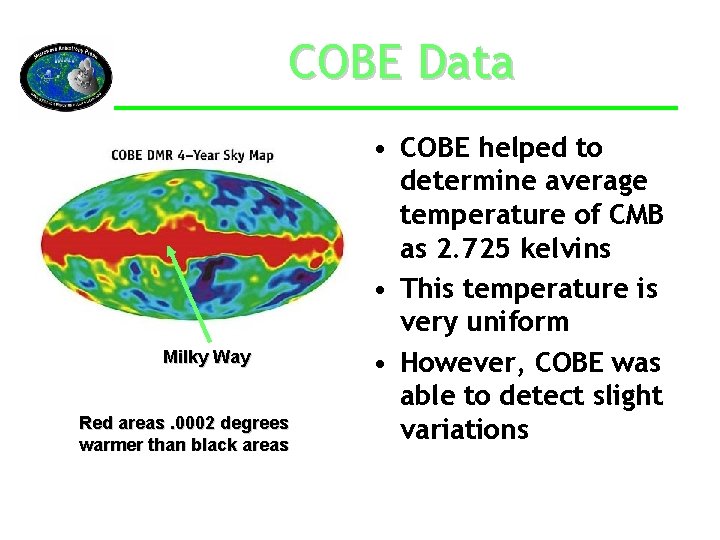 COBE Data Milky Way Red areas. 0002 degrees warmer than black areas • COBE