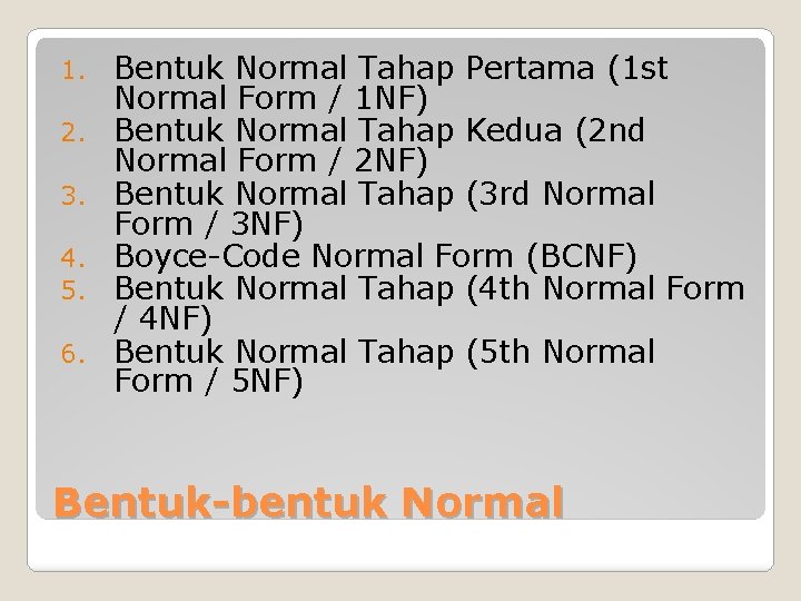 1. 2. 3. 4. 5. 6. Bentuk Normal Tahap Pertama (1 st Normal Form