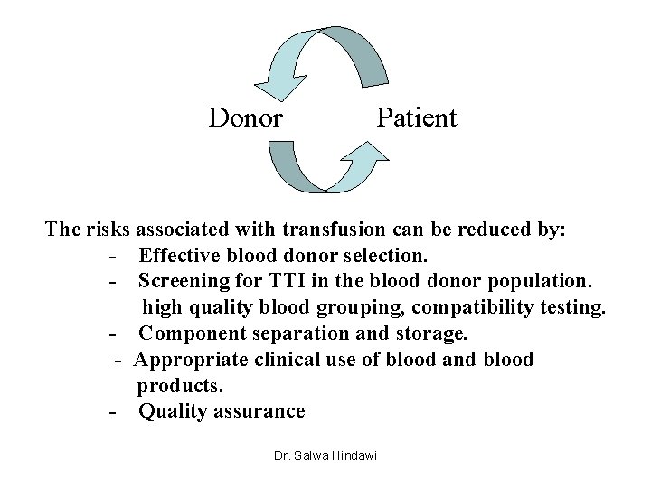 Donor Patient The risks associated with transfusion can be reduced by: - Effective blood