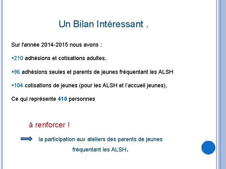 Un Bilan Intéressant. Sur l'année 2014 -2015 nous avons : 210 adhésions et cotisations