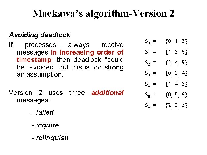 Maekawa’s algorithm-Version 2 Avoiding deadlock If processes always receive messages in increasing order of