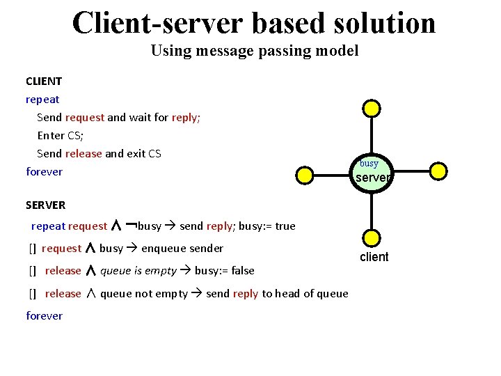 Client-server based solution Using message passing model CLIENT repeat Send request and wait for
