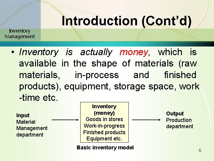 Inventory Management Introduction (Cont’d) • Inventory is actually money, which is available in the