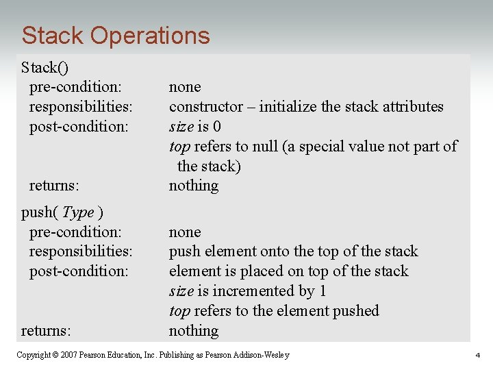 Stack Operations Stack() pre-condition: responsibilities: post-condition: returns: push( Type ) pre-condition: responsibilities: post-condition: returns: