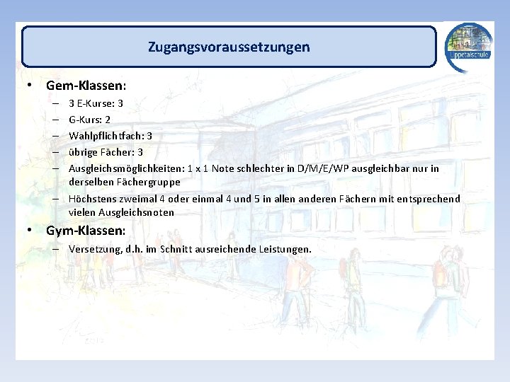 Zugangsvoraussetzungen • Gem-Klassen: 3 E-Kurse: 3 G-Kurs: 2 Wahlpflichtfach: 3 übrige Fächer: 3 Ausgleichsmöglichkeiten: