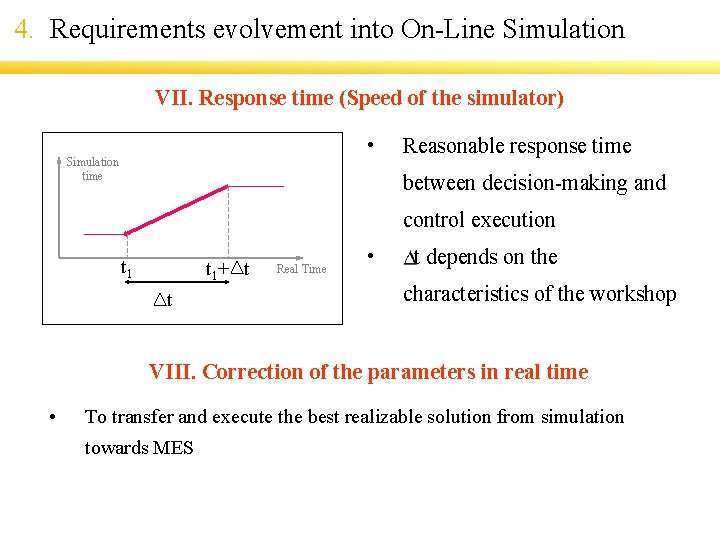 4. Requirements evolvement into On-Line Simulation VII. Response time (Speed of the simulator) •